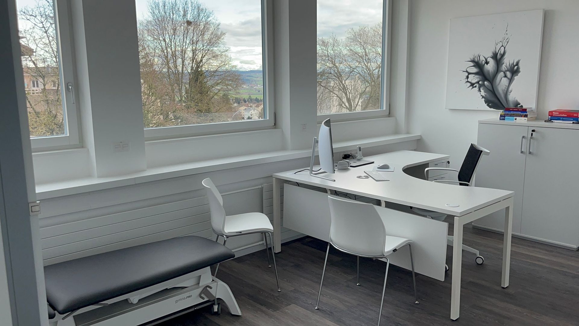 Helles Sprechzimmer der Praxis mit Schreibtisch, Bildschirm, Untersuchungsliege und Blick ins Grüne